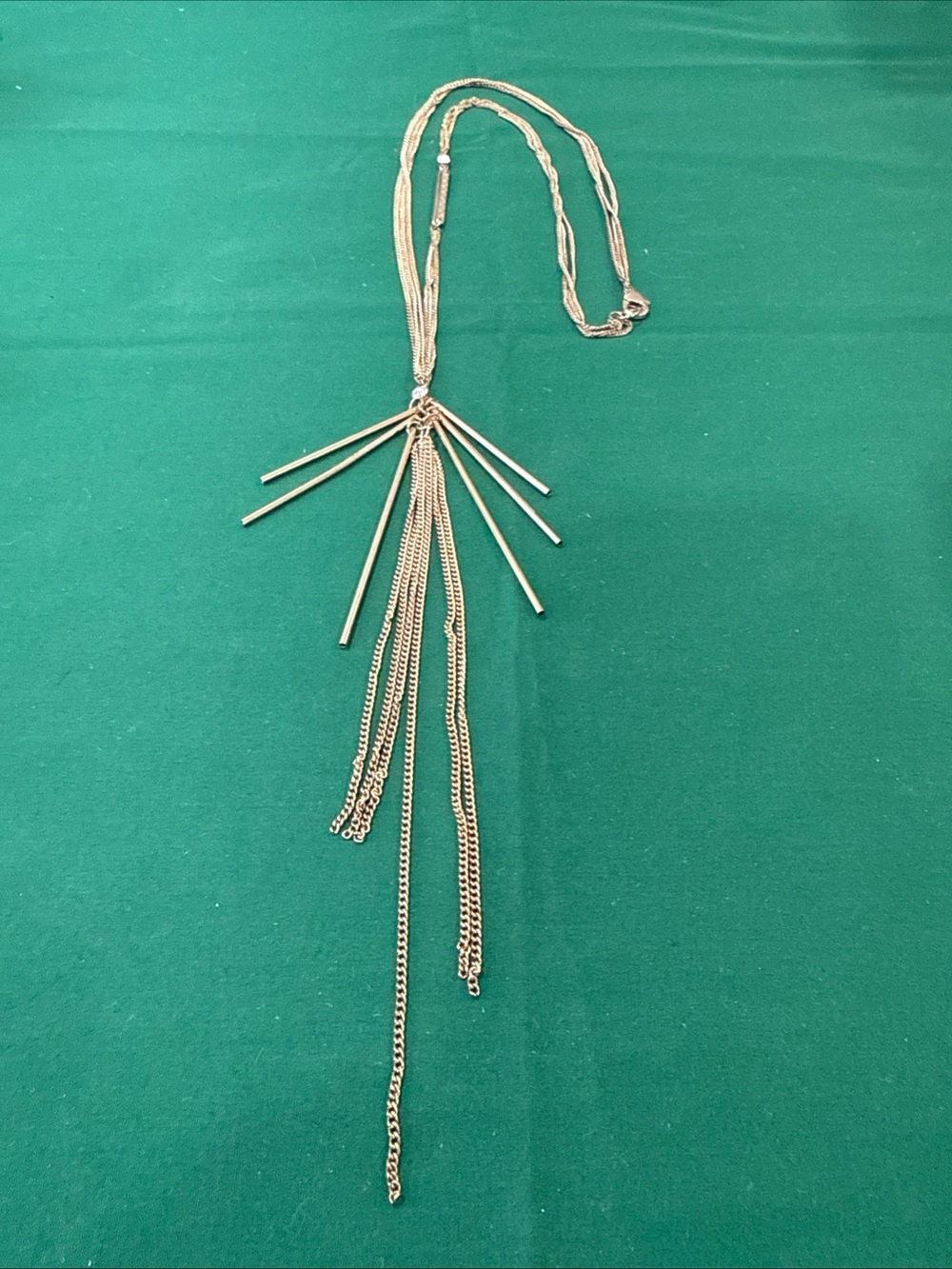 Multi strand Goldtone Chain Lariat Necklace w/Fringed Tassel Drop. 76F